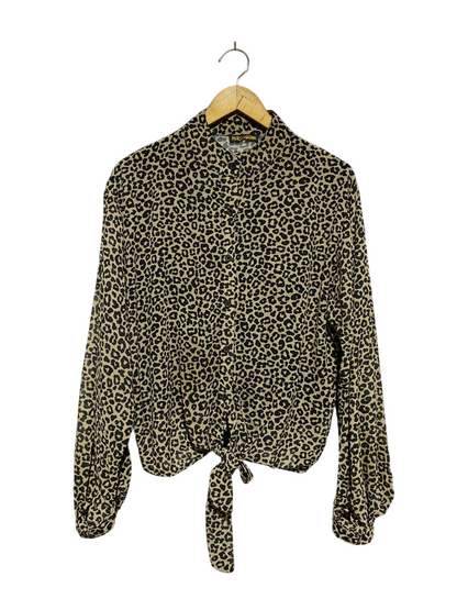 PORTORIGINAL |L| BUST 22| B14| STYLISH LEOPARD PRINT TIE-FRONT BUTTON-DOWN BLOUSE