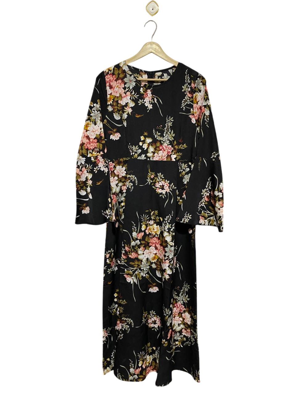 |M| BUST 18| B14| PREMIUM BLACK FLORAL PRINT LONG MAXI DRESS WITH BELL SLEEVES