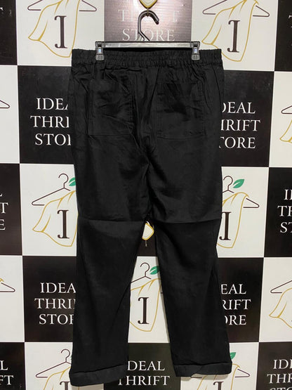 |XL| WAIST XL| B14| PREMIUM BLACK LINEN-BLEND RELAXED DRAWSTRING TROUSERS