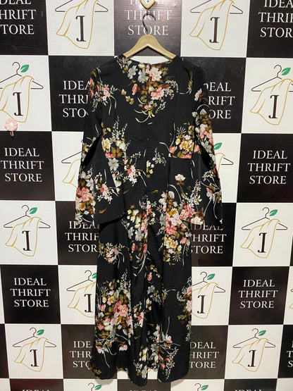 |M| BUST 18| B14| PREMIUM BLACK FLORAL PRINT LONG MAXI DRESS WITH BELL SLEEVES