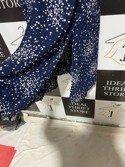 MONSOON |M| BUST 17| B14| NAVY BLUE AND WHITE SPECKLED POLKA DOT BUTTON-FRONT MIDI DRESS