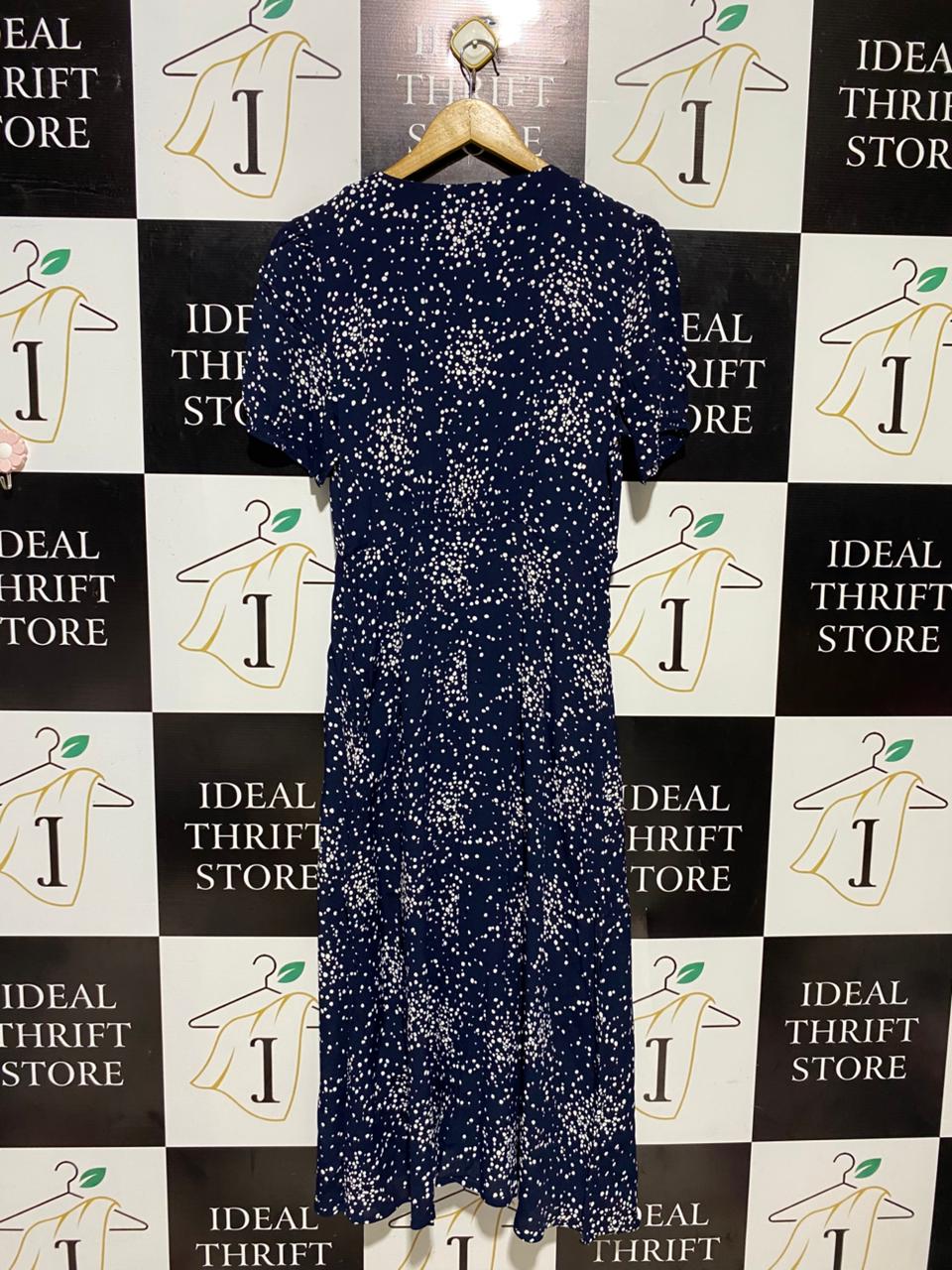 MONSOON |M| BUST 17| B14| NAVY BLUE AND WHITE SPECKLED POLKA DOT BUTTON-FRONT MIDI DRESS