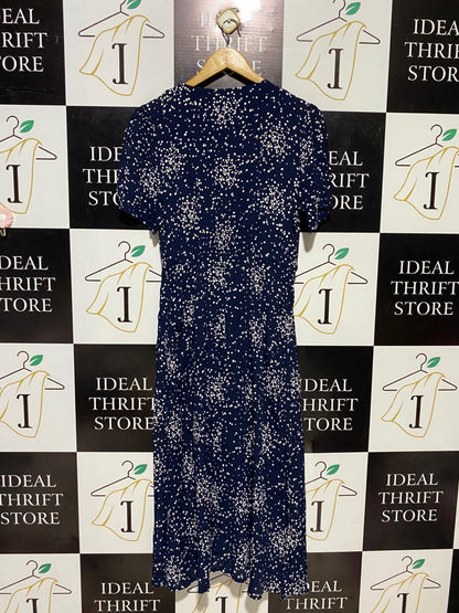 MONSOON |M| BUST 17| B14| NAVY BLUE AND WHITE SPECKLED POLKA DOT BUTTON-FRONT MIDI DRESS