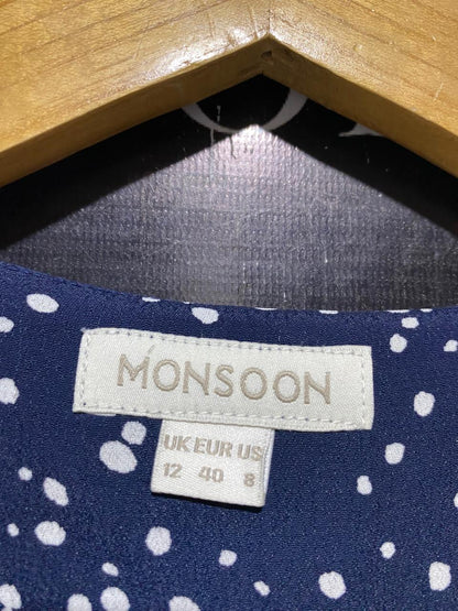MONSOON |M| BUST 17| B14| NAVY BLUE AND WHITE SPECKLED POLKA DOT BUTTON-FRONT MIDI DRESS
