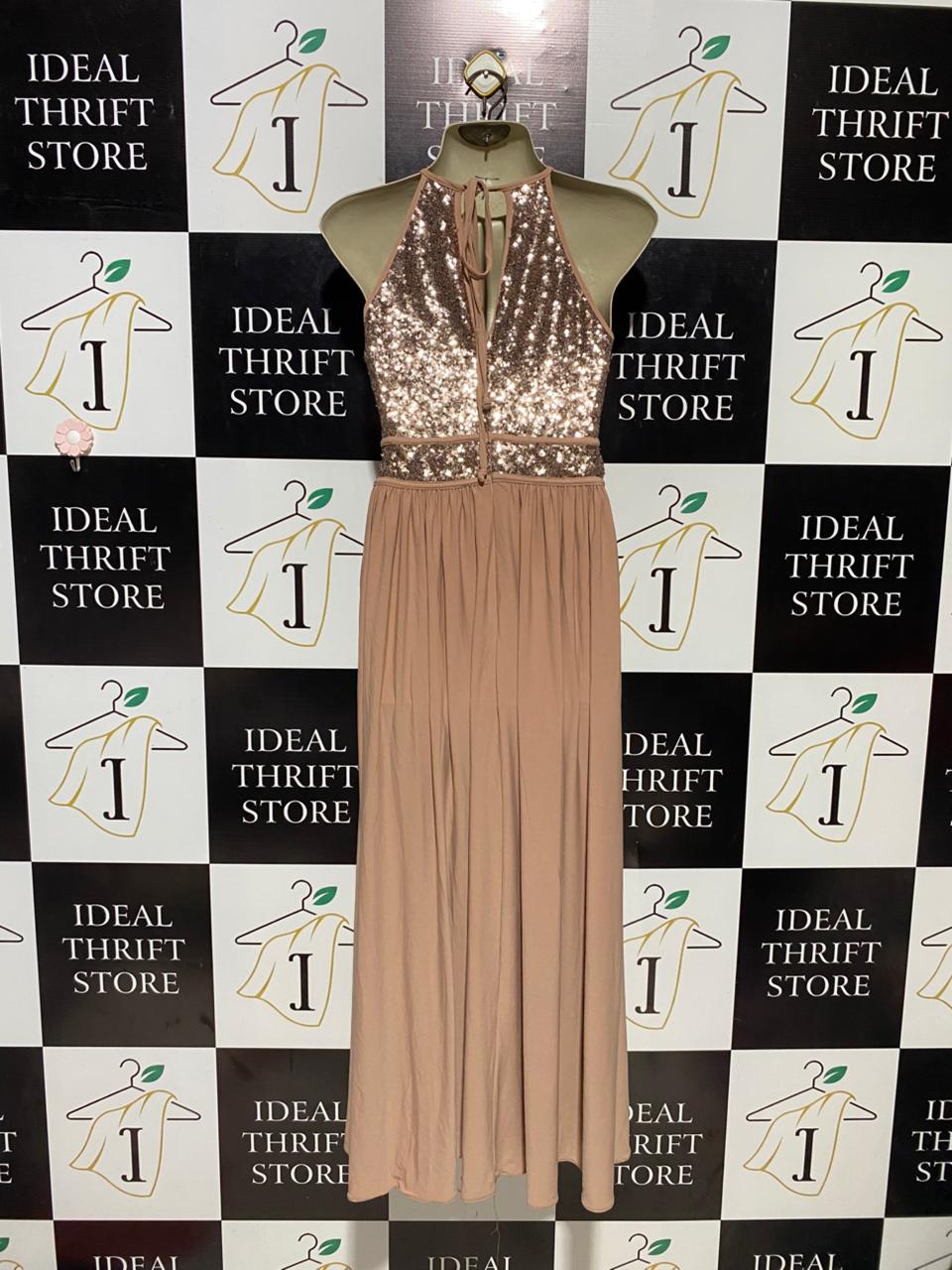 MORGAN .CO |M| BUST 16| B14| ROSE GOLD SEQUIN HALTER MAXI DRESS