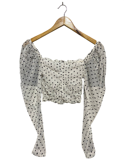 H&M |XS| BUST 12| B14| WHITE POLKA DOT MESH RUCHED CROP TOP