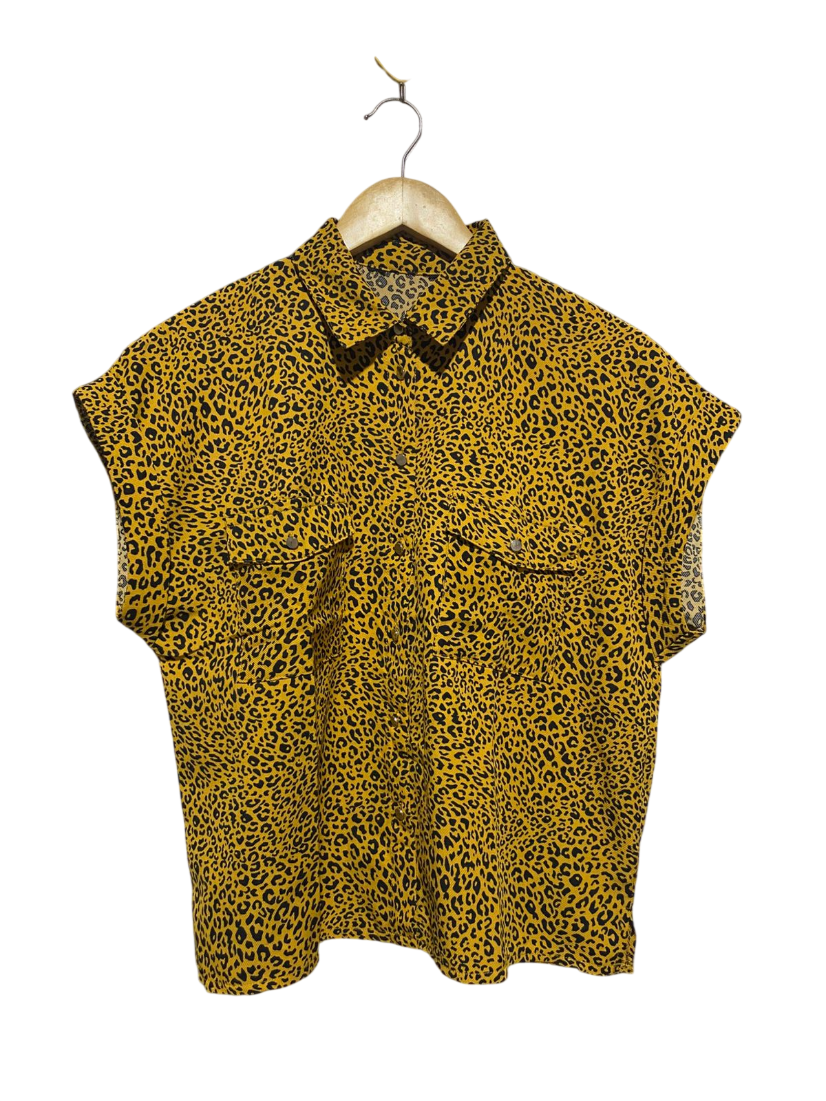 NEW LOOK |M| BUST 21| B14| MUSTARD LEOPARD PRINT CAP SLEEVE BUTTON-DOWN SHIRT
