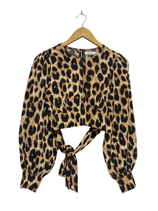 VALLEY GIRL |S| BUST 17| B15| LEOPARD PRINT PUFF SLEEVE TIE-BACK CROP TOP