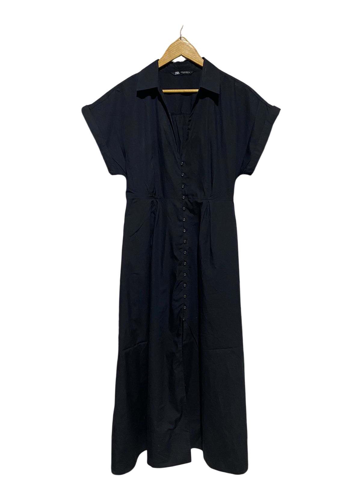 ZARA |XL| BUST FREE| B15| BLACK SHORT SLEEVE BUTTON-FRONT MIDI SHIRT DRESS