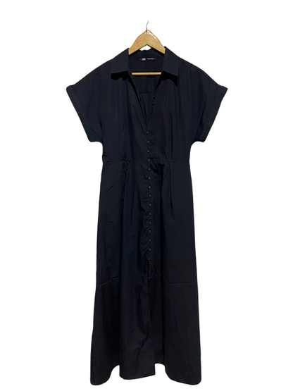 ZARA |XL| BUST FREE| B15| BLACK SHORT SLEEVE BUTTON-FRONT MIDI SHIRT DRESS