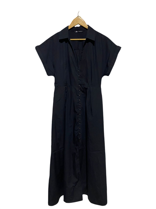 ZARA |XL| BUST FREE| B15| BLACK SHORT SLEEVE BUTTON-FRONT MIDI SHIRT DRESS