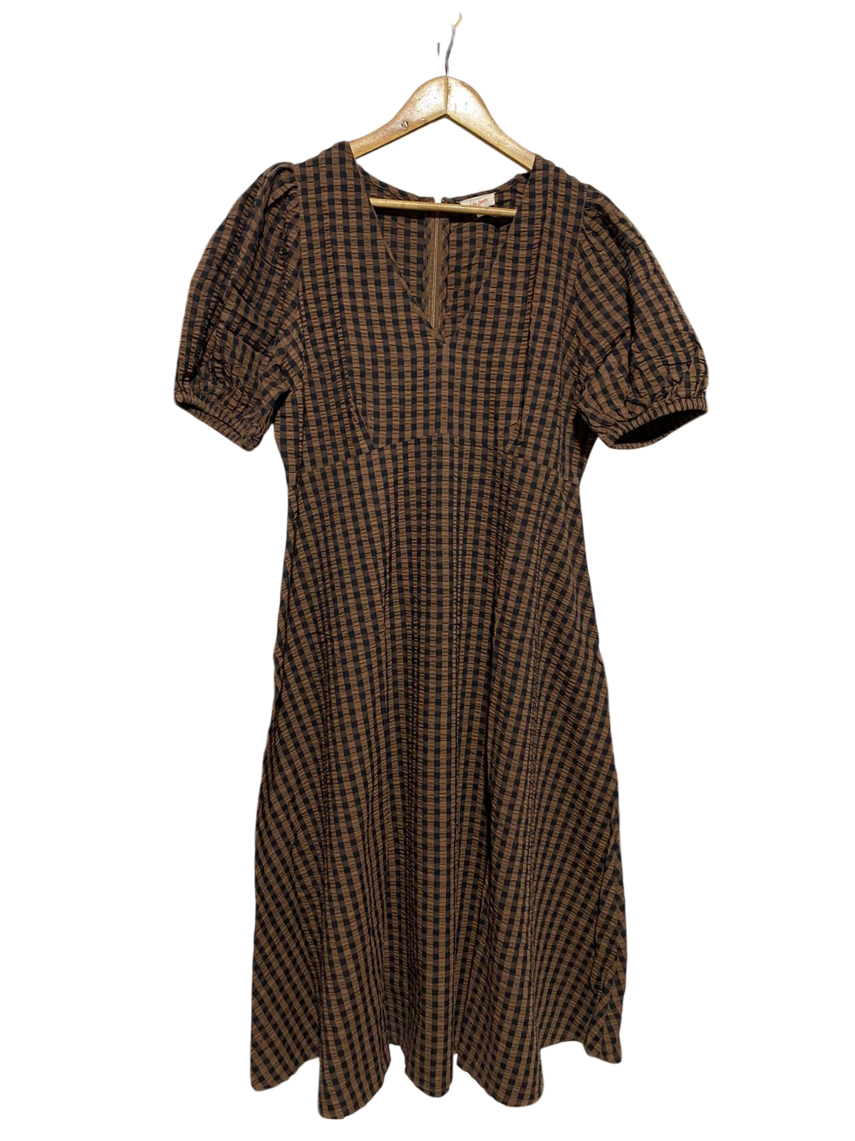 LILY LOVES |L| BUST 20| B15| VINTAGE GINGHAM CHECK MIDI DRESS – BROWN AND BLACK PLAID STYLE