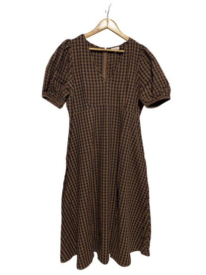 LILY LOVES |L| BUST 20| B15| VINTAGE GINGHAM CHECK MIDI DRESS – BROWN AND BLACK PLAID STYLE