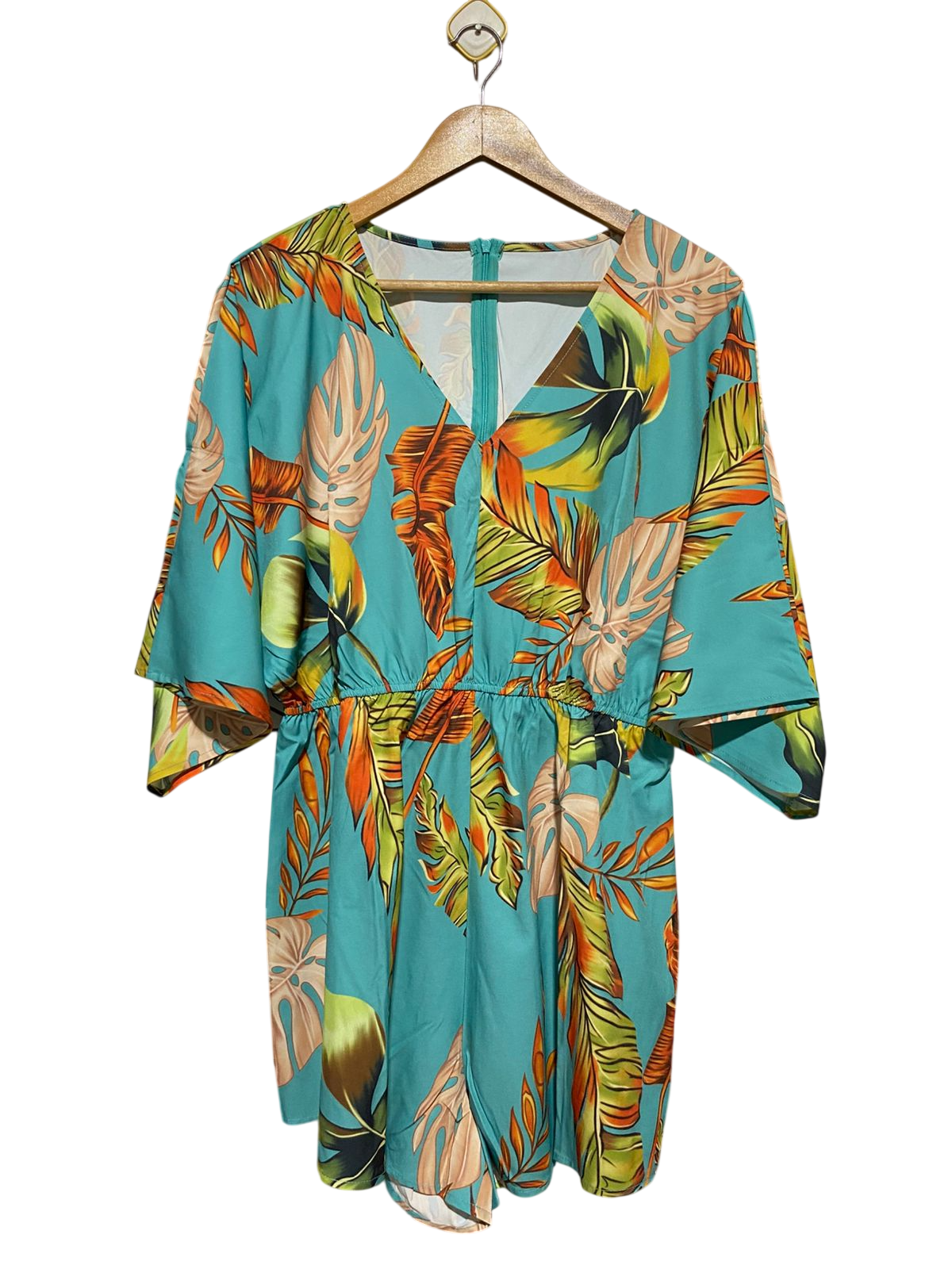SHEIN CURVE |XL| BUST FREE| B15| VIBRANT TROPICAL BOTANICAL PRINT ROMPER – TEAL SUMMER JUMPSUIT