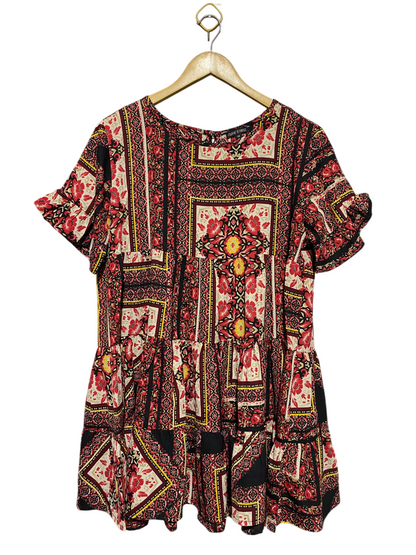 I SAW IT FIRST |L| BUST 21| B15| BOHO SCARF PRINT TIERED SMOCK DRESS