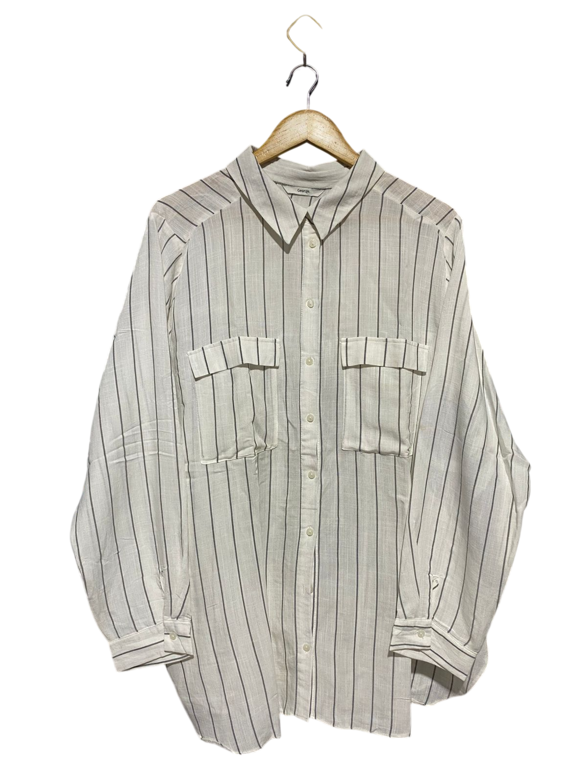 GEORGE |XXL| BUST 26| B15| WHITE AND BLACK VERTICAL STRIPE BUTTON-DOWN OVERSIZED SHIRT