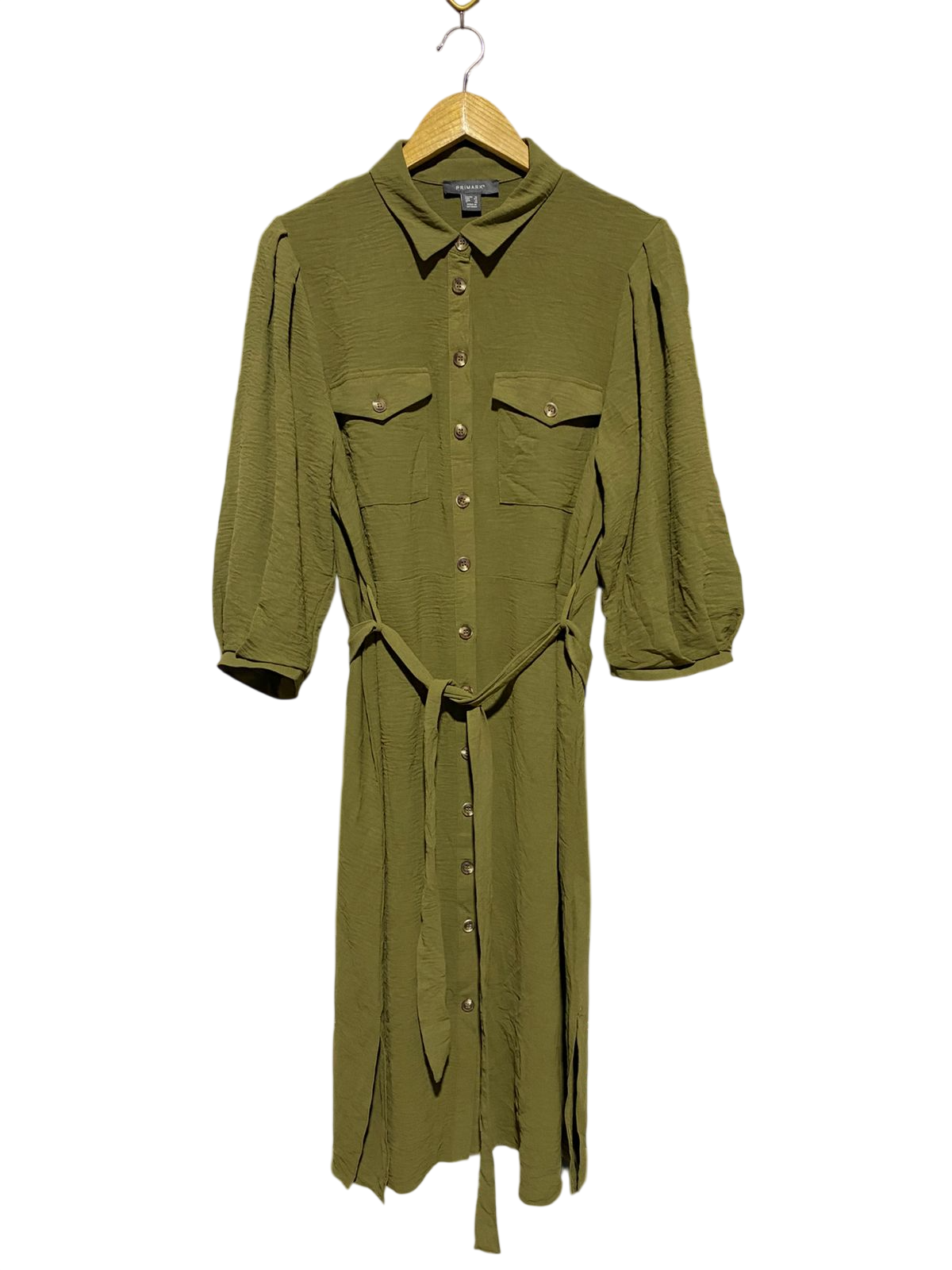 PRIMARK |L| BUST 20| B15| KHAKI GREEN TEXTURED BELTED MIDI SHIRT DRESS