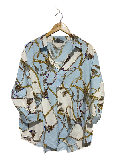 PRIMARK |XL| BUST 23| B15| VINTAGE INSPIRED LIGHT BLUE AND WHITE BAROQUE CHAIN PRINT OVERSIZED SHIRT