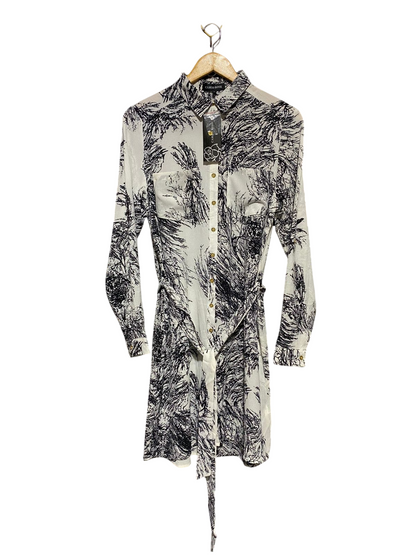 CAMEO ROSE |M| BUST 19| B15| CAMEO ROSE BLACK AND WHITE MONOCHROME ABSTRACT PRINT BELTED SHIRT DRESS