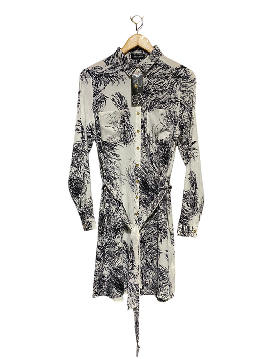 CAMEO ROSE |M| BUST 19| B15| CAMEO ROSE BLACK AND WHITE MONOCHROME ABSTRACT PRINT BELTED SHIRT DRESS