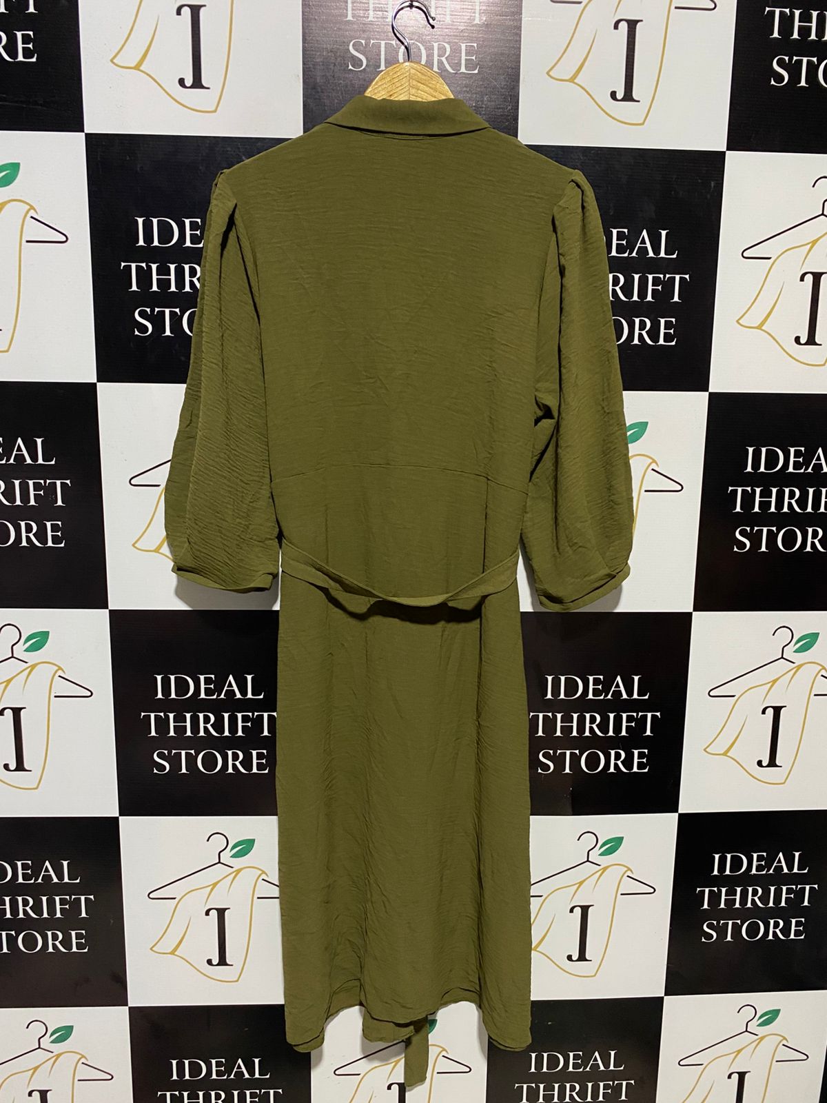 PRIMARK |L| BUST 20| B15| KHAKI GREEN TEXTURED BELTED MIDI SHIRT DRESS