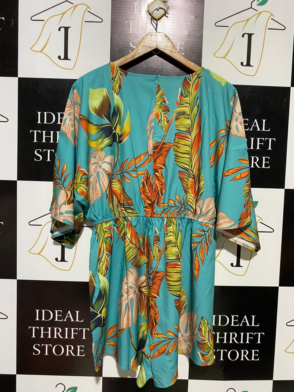 SHEIN CURVE |XL| BUST FREE| B15| VIBRANT TROPICAL BOTANICAL PRINT ROMPER – TEAL SUMMER JUMPSUIT