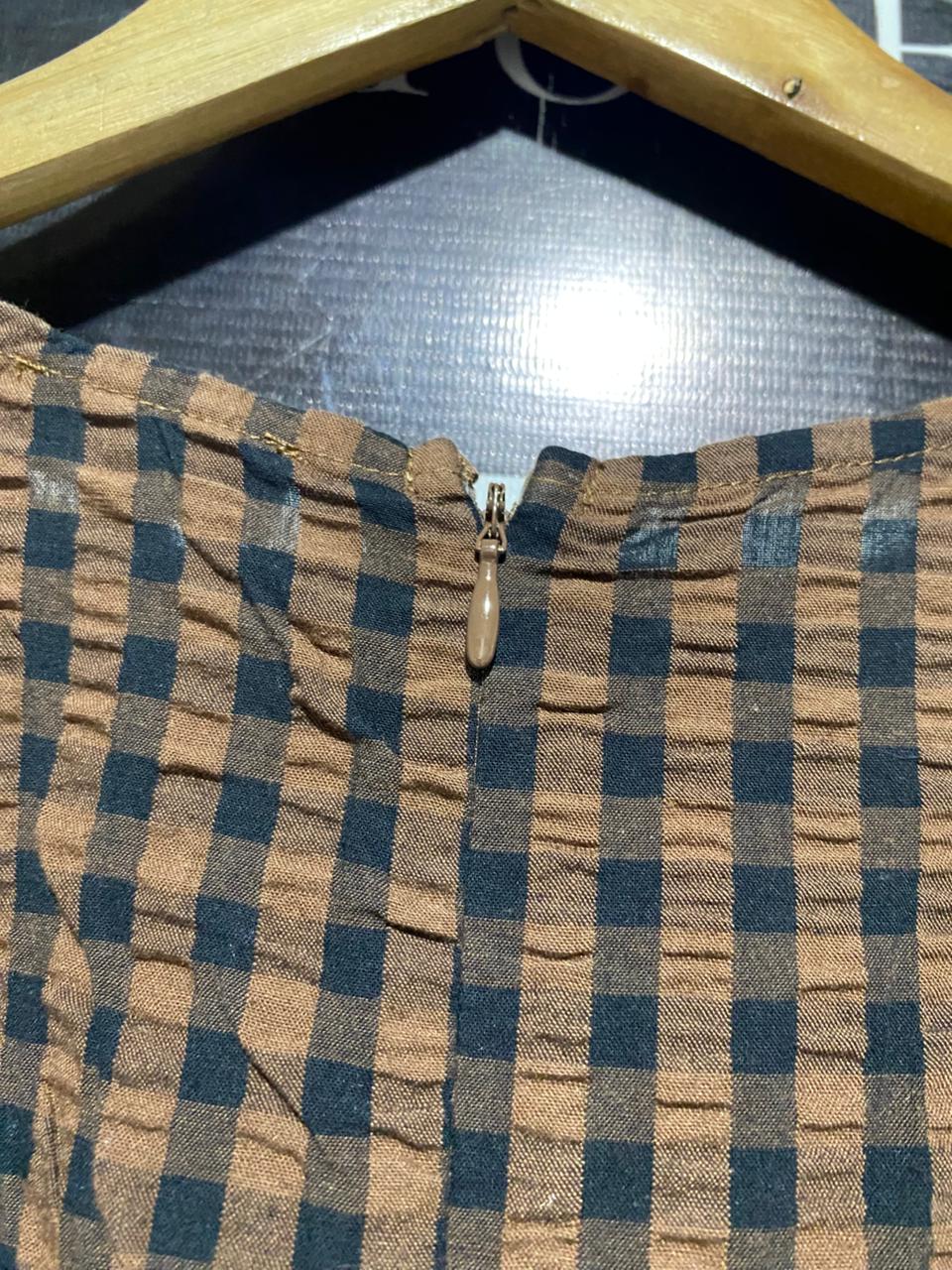 LILY LOVES |L| BUST 20| B15| VINTAGE GINGHAM CHECK MIDI DRESS – BROWN AND BLACK PLAID STYLE