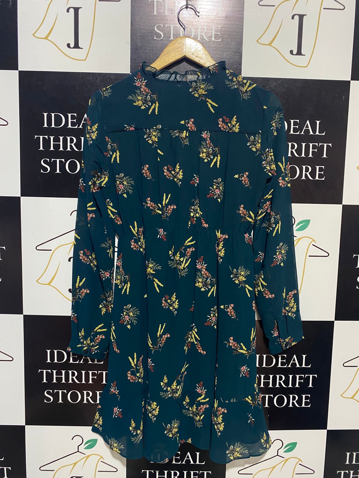 APRICOT |M| BUST 18| B15| TEAL FLORAL RUFFLE NECK MINI DRESS