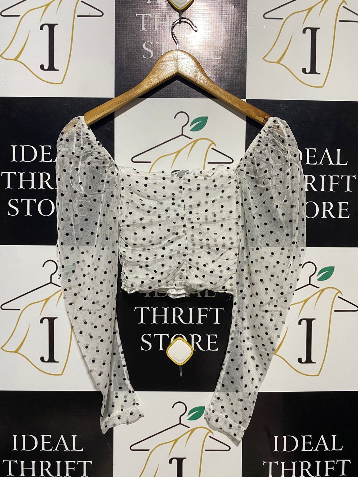 H&M |XS| BUST 12| B14| WHITE POLKA DOT MESH RUCHED CROP TOP