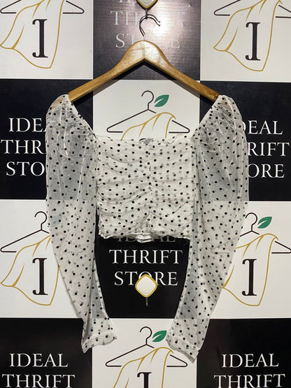 H&M |XS| BUST 12| B14| WHITE POLKA DOT MESH RUCHED CROP TOP