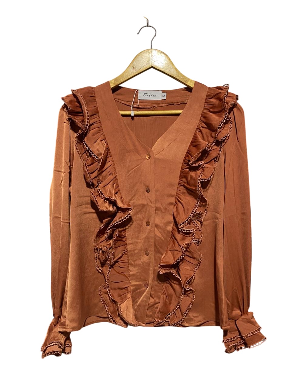 FEELHOO |M| BUST 18| B15| RUST SATIN RUFFLE BLOUSE TOP