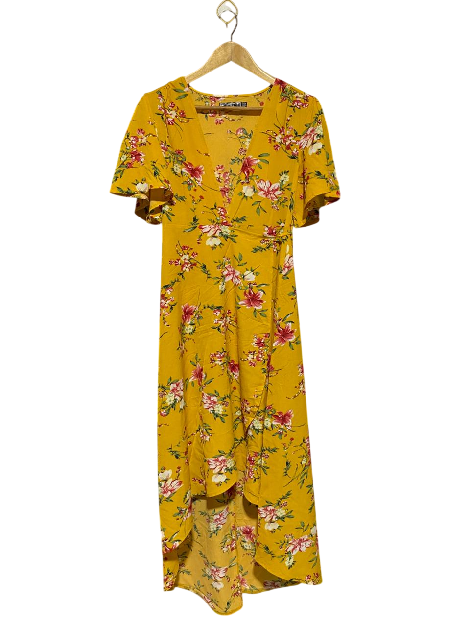 M |M| BUST 19| B15| MUSTARD YELLOW FLORAL HI-LOW WRAP DRESS