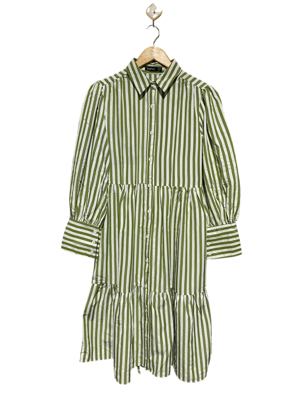 BOOHOO |M| BUST 17| B15| OLIVE GREEN & WHITE STRIPED TIERED SHIRT DRESS