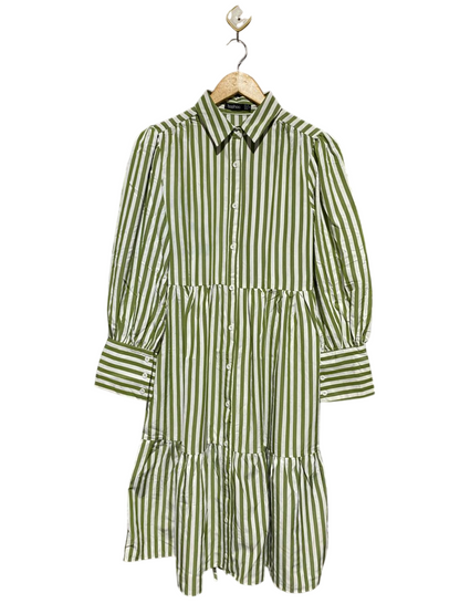 BOOHOO |M| BUST 17| B15| OLIVE GREEN & WHITE STRIPED TIERED SHIRT DRESS