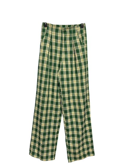 MR |S| WAIST 26| B15| VINTAGE GREEN PLAID HIGH-WAISTED WIDE-LEG TROUSERS