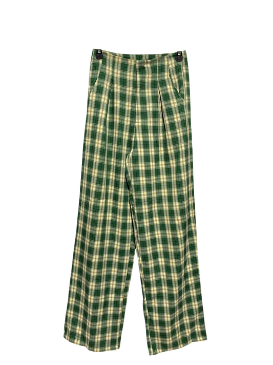 MR |S| WAIST 26| B15| VINTAGE GREEN PLAID HIGH-WAISTED WIDE-LEG TROUSERS
