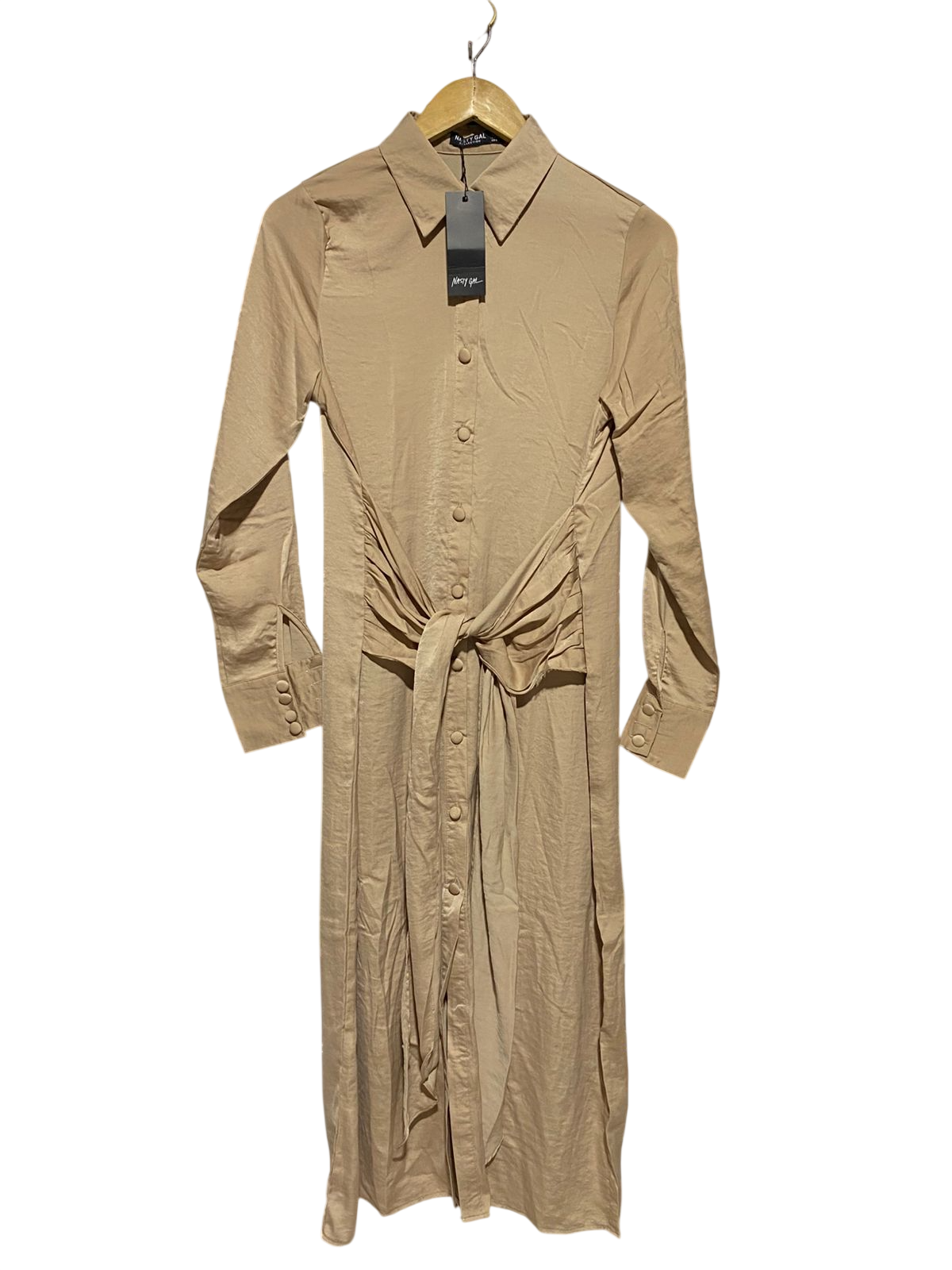 NASTY GAL |L| BUST 18| B16| BEIGE SATIN TIE-WAIST SHIRT MAXI DRESS