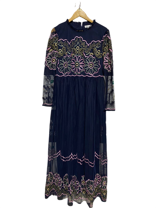FROCK & FRILL |M| BUST 18| B16| LUXURY NAVY MESH EMBROIDERED FLORAL MAXI DRESS