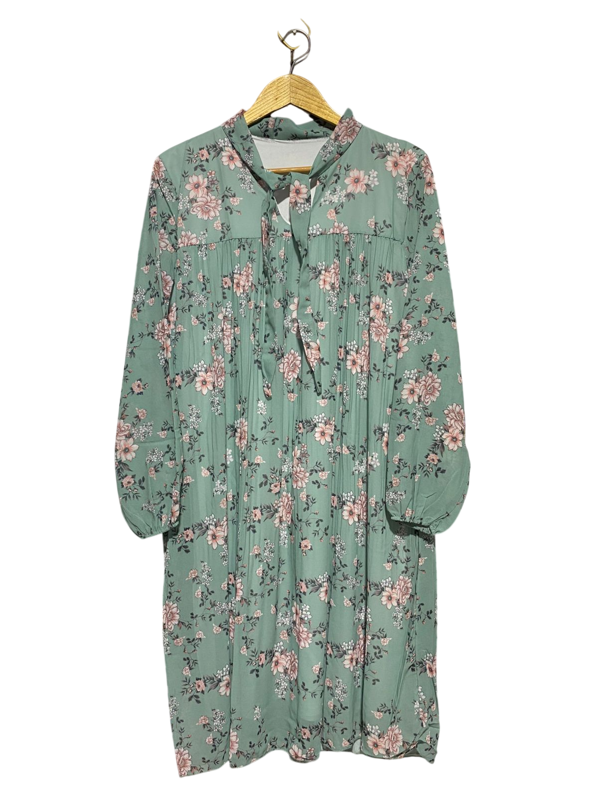 |L| BUST 23| B16| VINTAGE FLORAL SAGE GREEN TIE-NECK SMOCK DRESS
