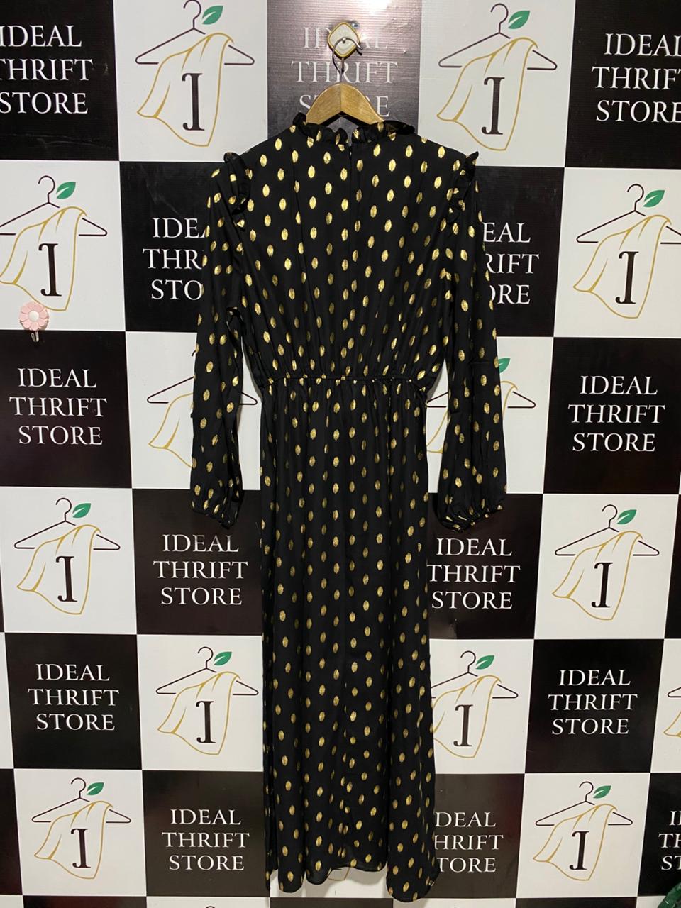 SHEIN |M| BUST 19| B16| ELEGANT BLACK & GOLD METALLIC POLKA DOT RUFFLE MIDI DRESS