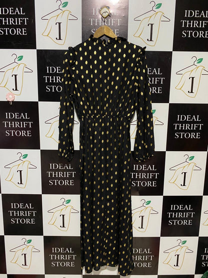 SHEIN |M| BUST 19| B16| ELEGANT BLACK & GOLD METALLIC POLKA DOT RUFFLE MIDI DRESS