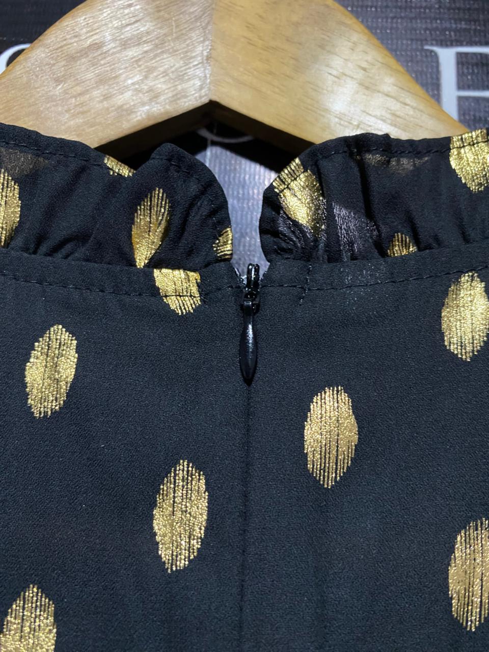 SHEIN |M| BUST 19| B16| ELEGANT BLACK & GOLD METALLIC POLKA DOT RUFFLE MIDI DRESS