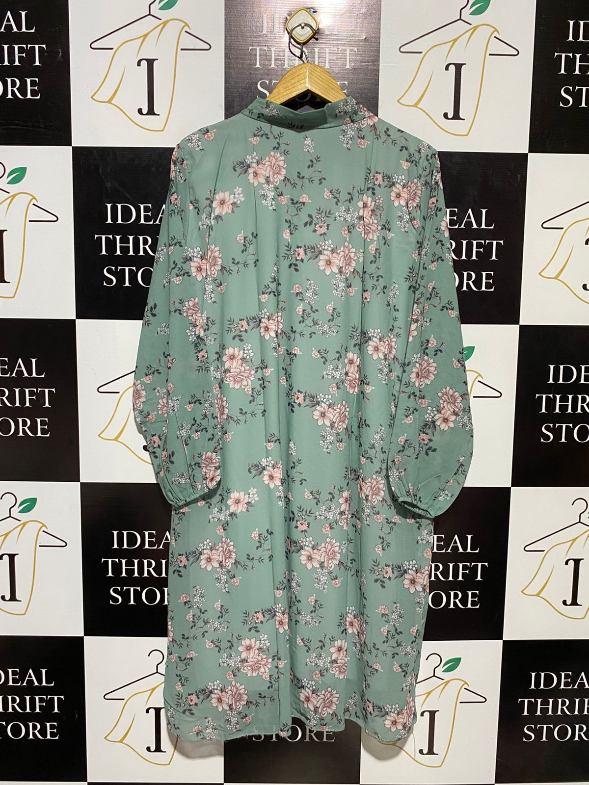 |L| BUST 23| B16| VINTAGE FLORAL SAGE GREEN TIE-NECK SMOCK DRESS