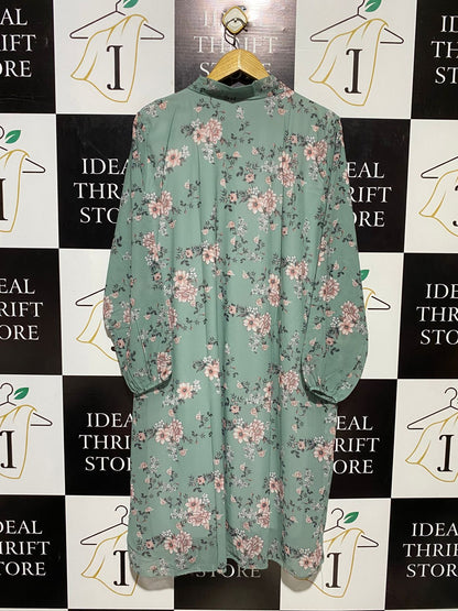 |L| BUST 23| B16| VINTAGE FLORAL SAGE GREEN TIE-NECK SMOCK DRESS