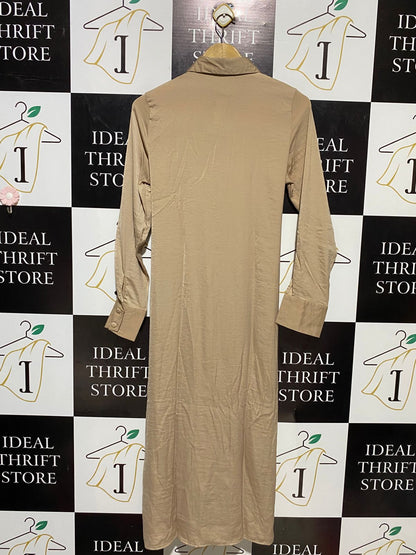 NASTY GAL |L| BUST 18| B16| BEIGE SATIN TIE-WAIST SHIRT MAXI DRESS