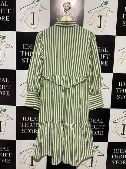 BOOHOO |M| BUST 17| B15| OLIVE GREEN & WHITE STRIPED TIERED SHIRT DRESS