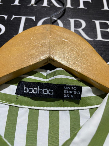 BOOHOO |M| BUST 17| B15| OLIVE GREEN & WHITE STRIPED TIERED SHIRT DRESS