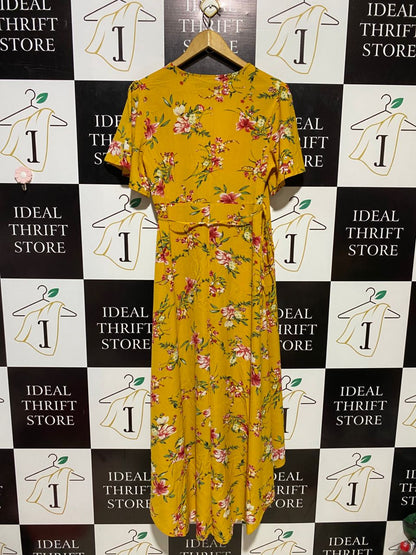 M |M| BUST 19| B15| MUSTARD YELLOW FLORAL HI-LOW WRAP DRESS