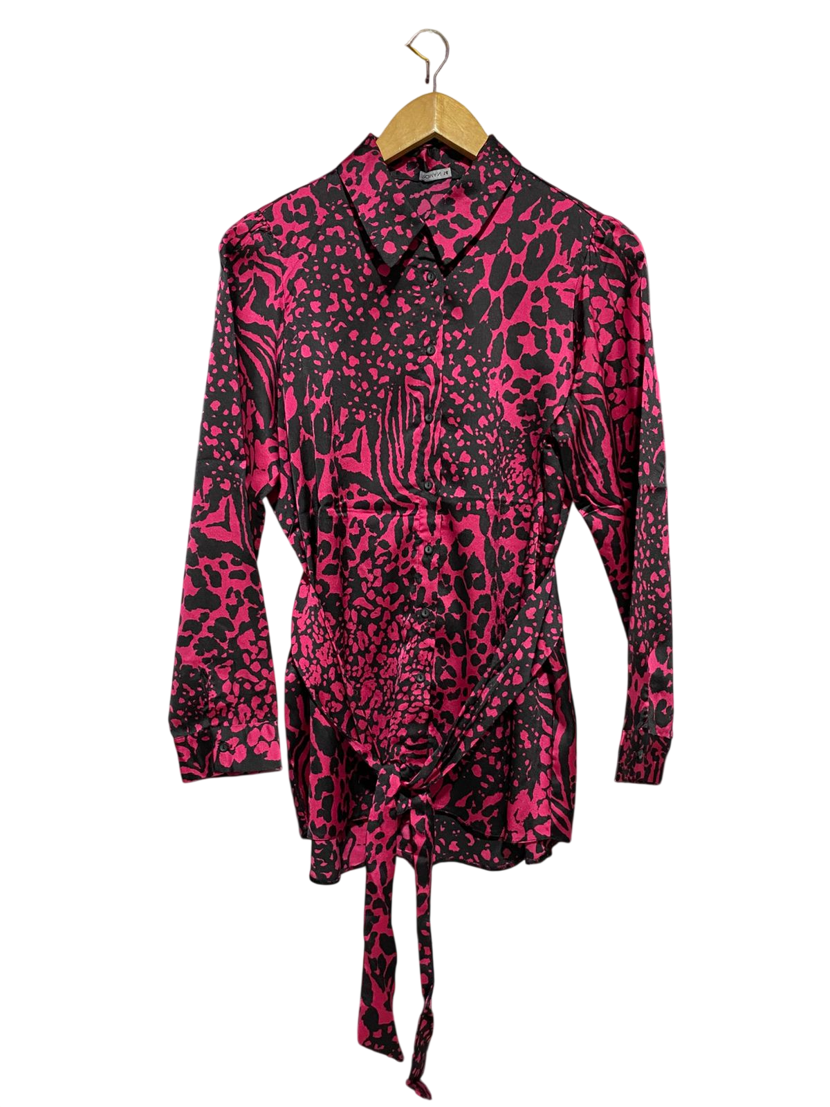 ROMAN |L| BUST 21| B16| PINK ANIMAL PRINT SATIN BELTED SHIRT