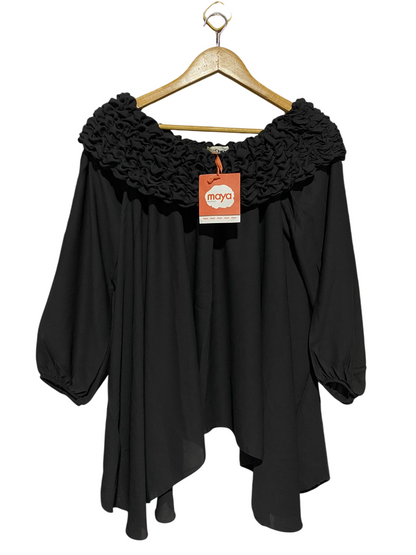 MAYA FASHION |L| BUST 18| B16| BLACK SMOCKED OFF-SHOULDER ASYMMETRICAL TOP